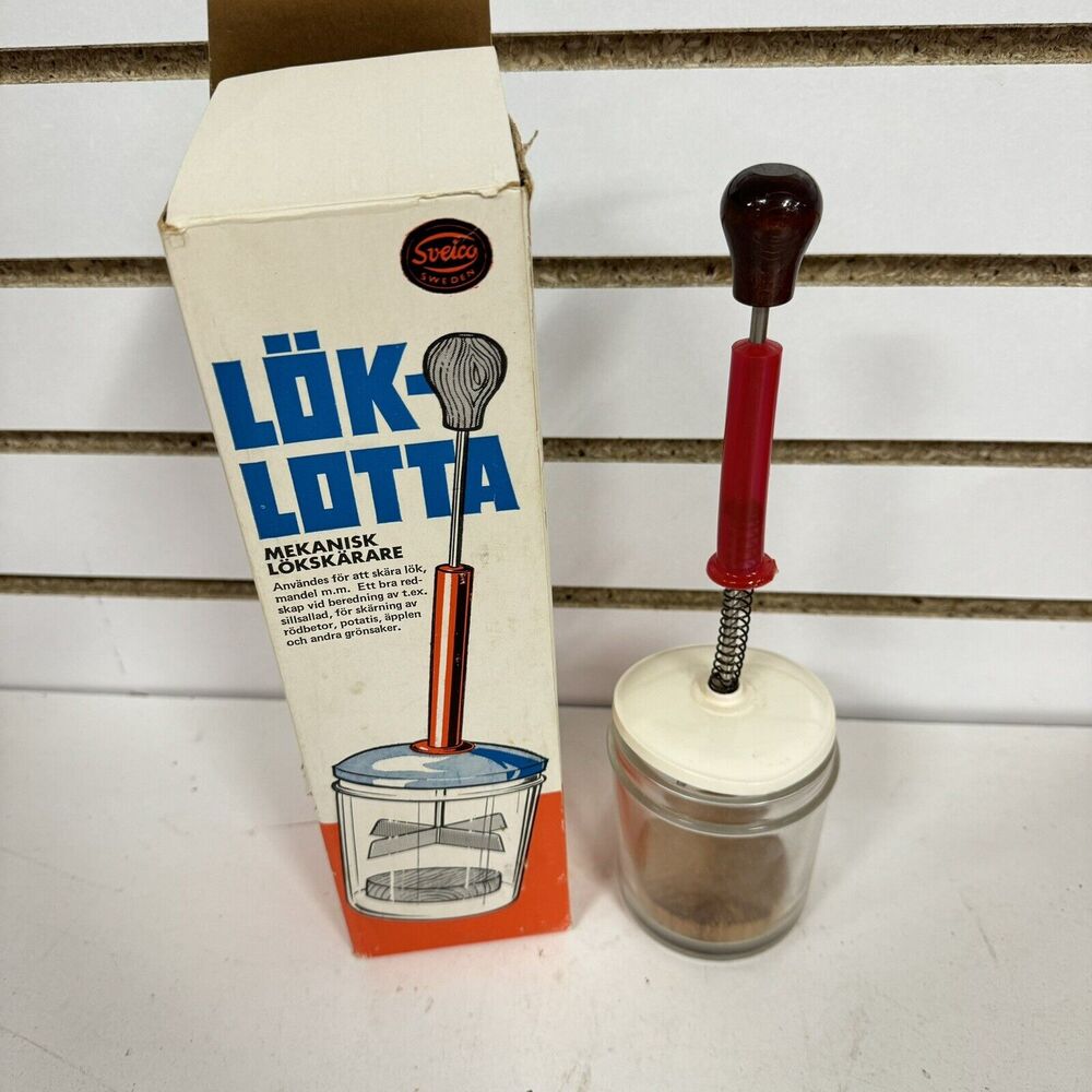 Vintage Lok Lotta Food Chopper Wood Handle Sveico Brand Sweden W/ Box READ -BUB